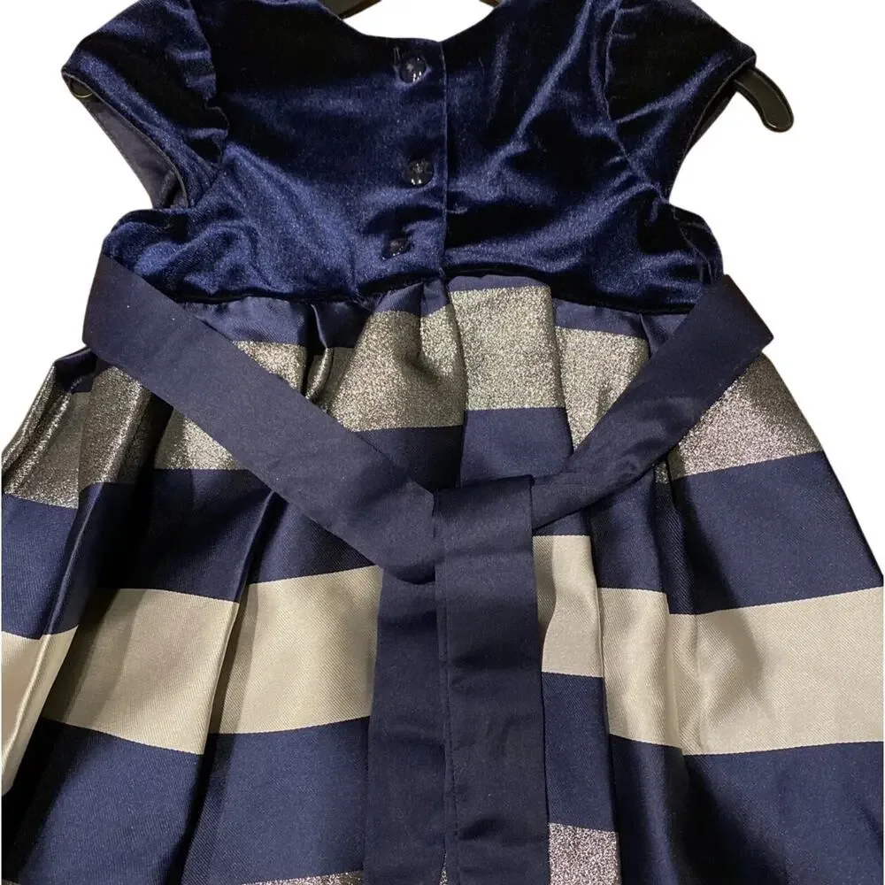 Jona Michelle Girls Special Occasion Blue Velvet Striped A Line Dress